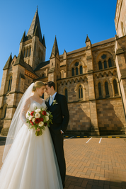セントジョーンズ大聖堂・オーストラリア結婚式・ブリスベンウエディング・日本人が結婚式をできるオーストラリアの教会　ステンドグラスの前で撮影