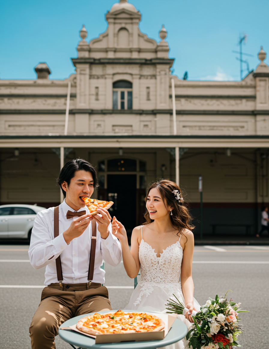 「ヨーロッパ調の歴史ある街並みの中を歩く、新郎新婦のナチュラルな姿。」